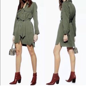 Topshop Army Green Shirt Dress With Waist Tie Belt NWT Size 12